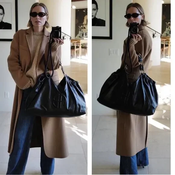 Anine Bing Kate Embossed Large Black Lamb Leather Boho Shoulder Tote - Picture 3 of 15